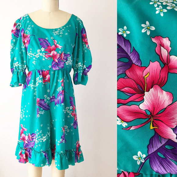70s Hawaiian Floral Jumpsuit Mod Blue Maxi Romper - Picture 1 of 9